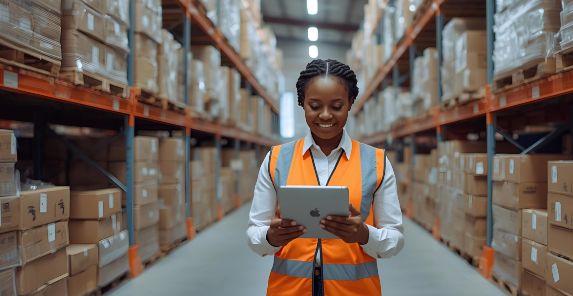 Modern organised warehouse with operator using tablet to optimise logistics processes and reduce costs for an SME
