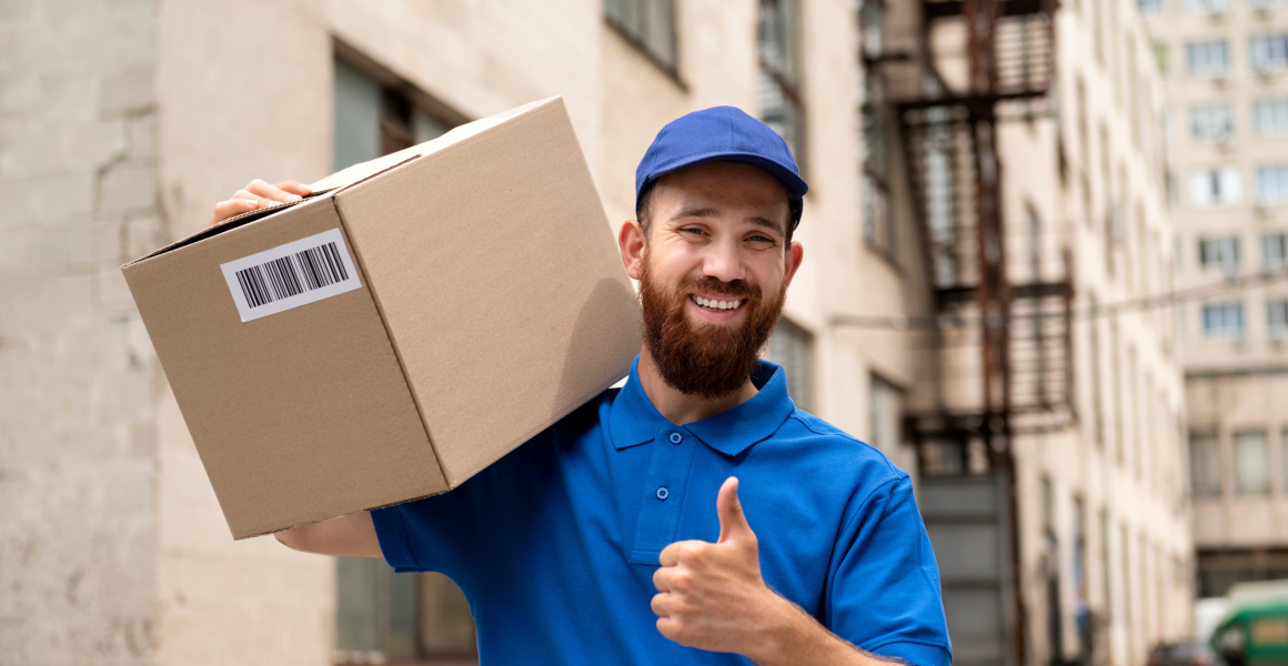 Last mile delivery illustration with a courier van in an urban setting, symbolizing the final stage of the logistics chain reaching the customer.