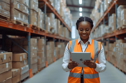 Modern organised warehouse with operator using tablet to optimise logistics processes and reduce costs for an SME